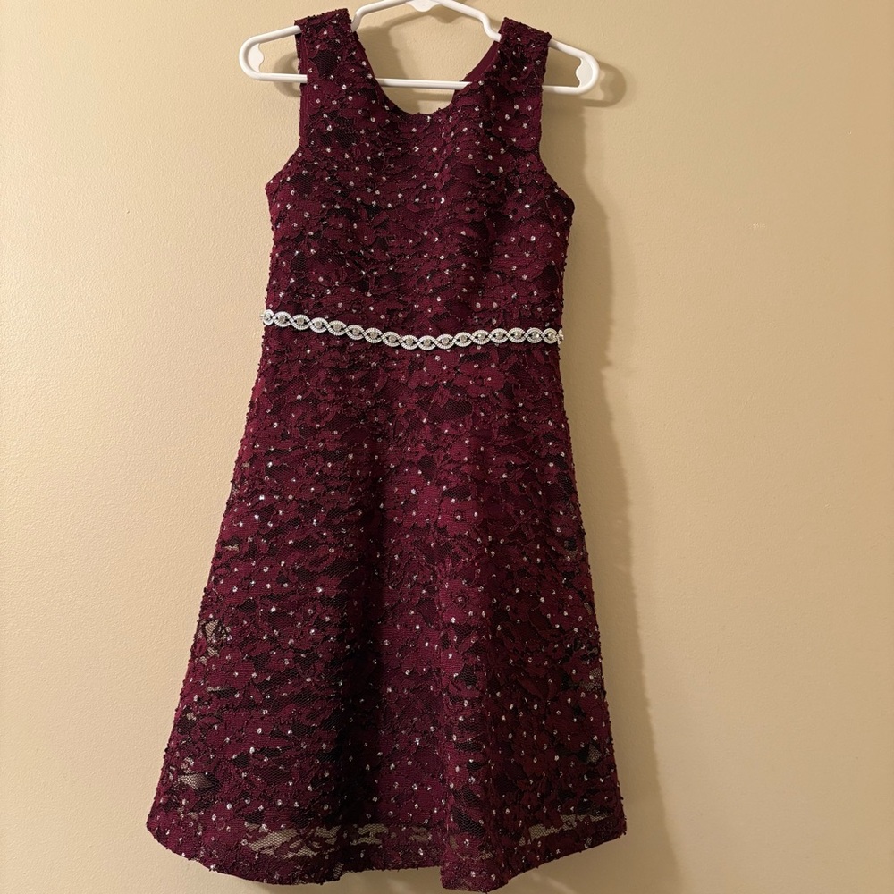Girls' Burgundy Lace Party Dress with Beaded Waist Size 5